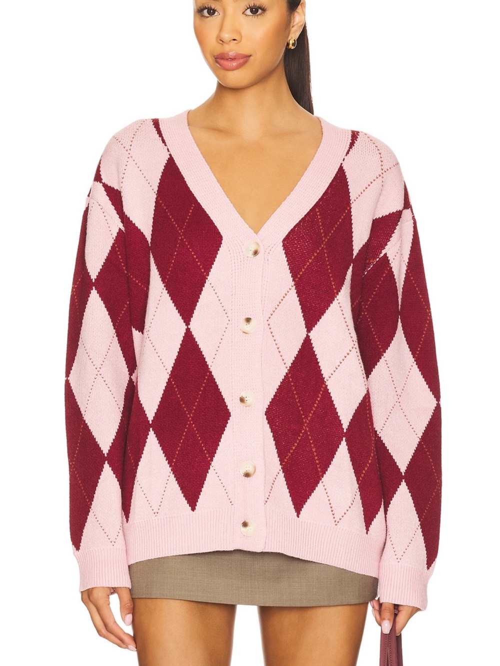 More to Come - Pink and Burgundy Argyle V-Neck Button Cardigan Sweater